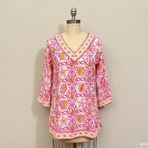 GRETCHEN SCOTT Tunic Top Pink Orange Seashell Cotton Cover-Up Boho